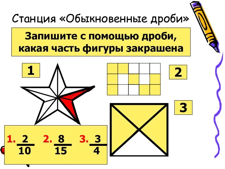 Станция «Обыкновенные дроби» Запишите с помощью дроби, какая часть фигуры закрашена