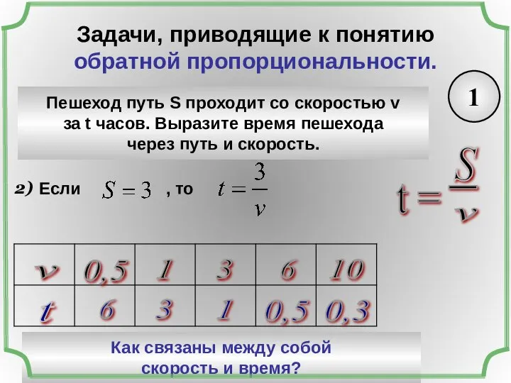 Задачи, приводящие к понятию обратной пропорциональности. 1 Пешеход путь S проходит