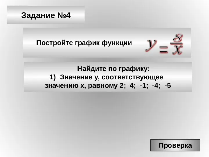 Задание №4 Постройте график функции Проверка Найдите по графику: Значение у,