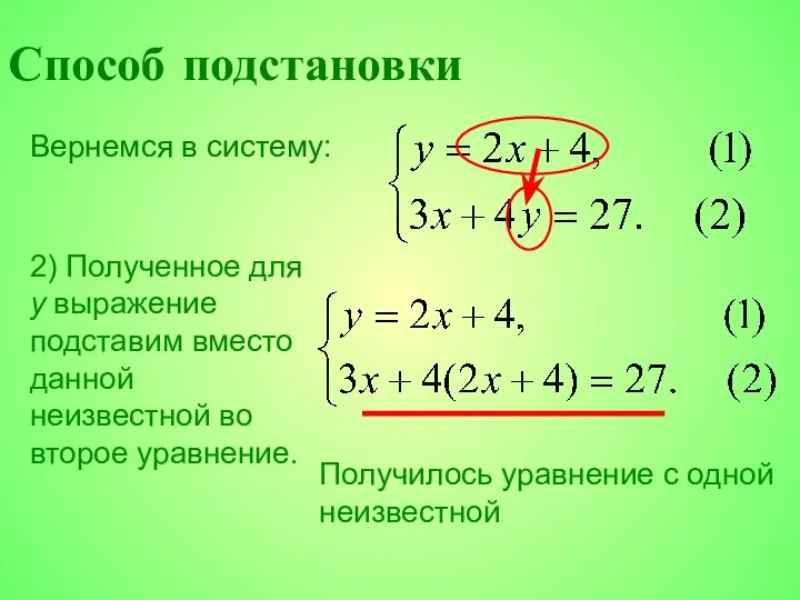 Вернемся в систему: 2) Полученное для y выражение подставим вместо данной