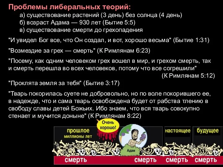 Проблемы либеральных теорий: а) существование растений (3 день) без солнца (4