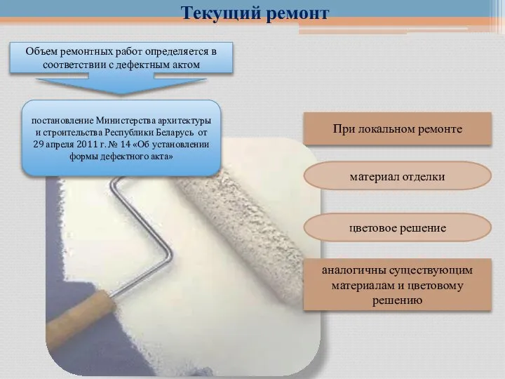 Текущий ремонт Объем ремонтных работ определяется в соответствии с дефектным актом