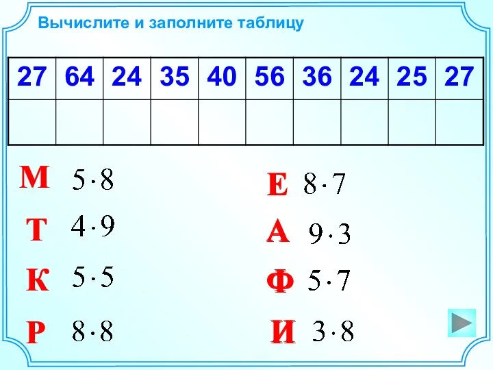 М Т К Р Е А Ф И Вычислите и заполните