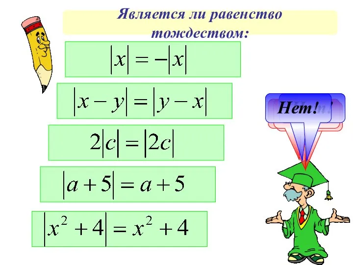 Является ли равенство тождеством: Да! Да! Да! Нет! Нет!