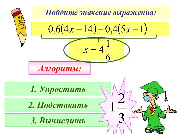 Найдите значение выражения: Алгоритм: 1. Упростить 2. Подставить 3. Вычислить