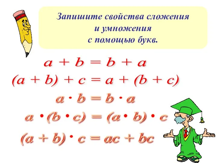 Запишите свойства сложения и умножения с помощью букв. a + b