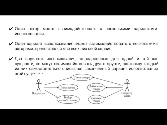 Один актер может взаимодействовать с несколькими вариантами использования. Один вариант использования