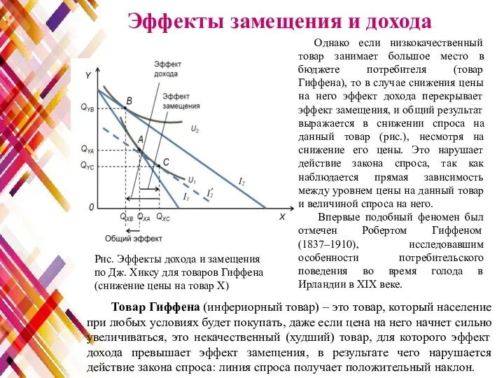 Эффекты замещения и дохода Однако если низкокачественный товар занимает большое место