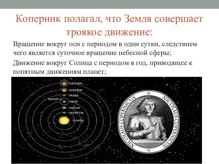 Коперник полагал, что Земля совершает троякое движение: Вращение вокруг оси с