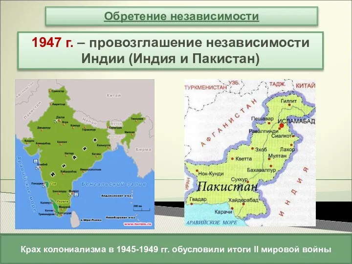 Обретение независимости 1947 г. – провозглашение независимости Индии (Индия и Пакистан)