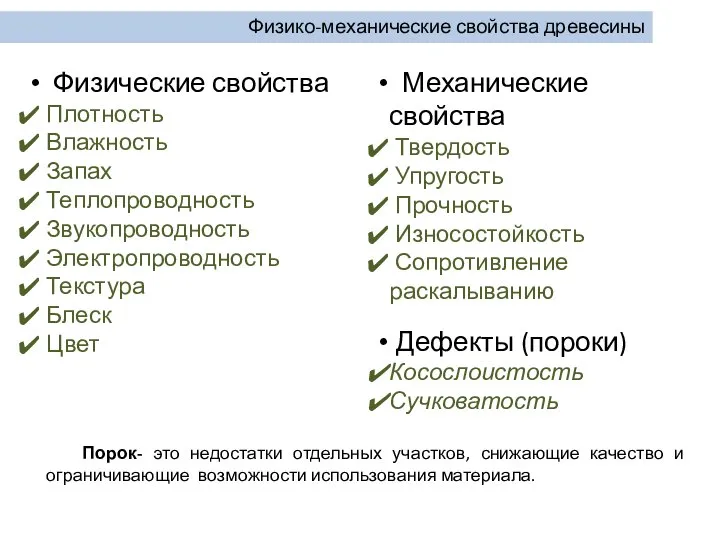 Физико-механические свойства древесины Физические свойства Плотность Влажность Запах Теплопроводность Звукопроводность Электропроводность