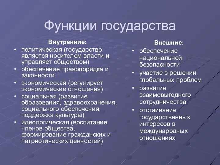 Функции государства Внутренние: политическая (государство является носителем власти и управляет обществом)