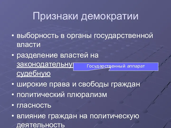 Признаки демократии выборность в органы государственной власти разделение властей на законодательную,