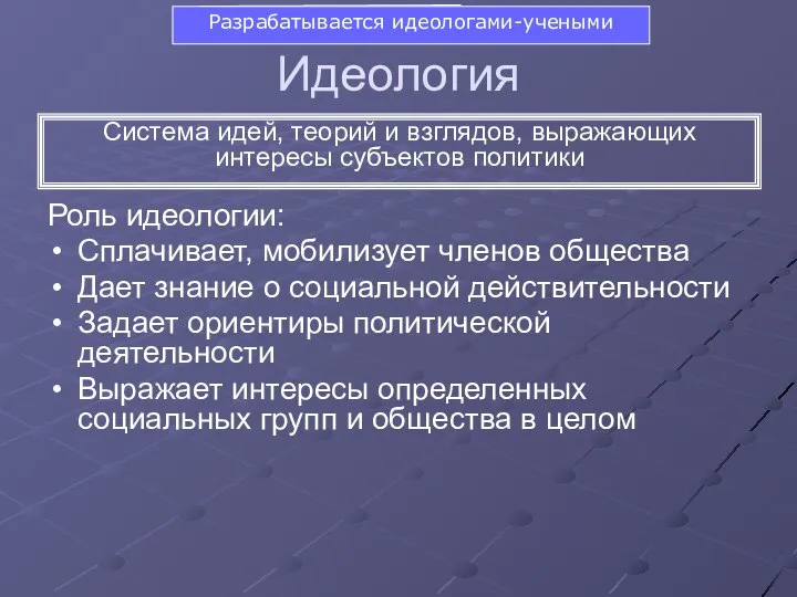 Идеология Роль идеологии: Сплачивает, мобилизует членов общества Дает знание о социальной