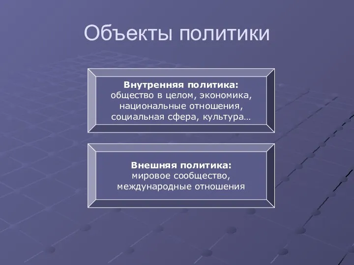 Объекты политики Внутренняя политика: общество в целом, экономика, национальные отношения, социальная