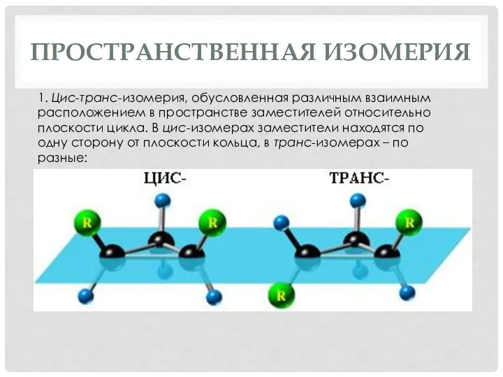 ПРОСТРАНСТВЕННАЯ ИЗОМЕРИЯ 1. Цис-транс-изомерия, обусловленная различным взаимным расположением в пространстве заместителей