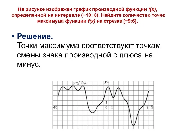 Решение. Точки максимума соответствуют точкам смены знака производной с плюса на