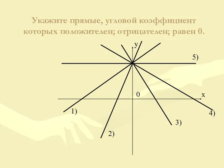 Укажите прямые, угловой коэффициент которых положителен; отрицателен; равен 0. 0 х