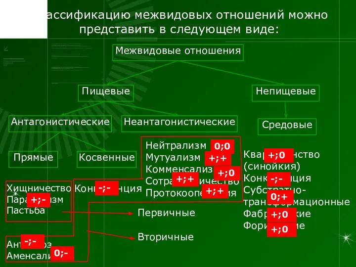 Классификацию межвидовых отношений можно представить в следующем виде: Межвидовые отношения Пищевые