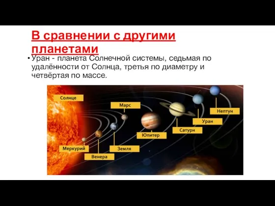 В сравнении с другими планетами Уран - планета Солнечной системы, седьмая