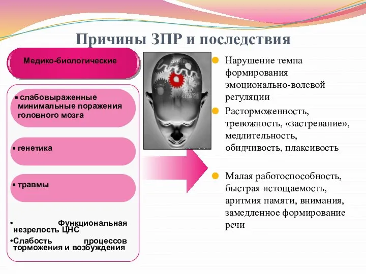 Причины ЗПР и последствия Нарушение темпа формирования эмоционально-волевой регуляции Расторможенность, тревожность,