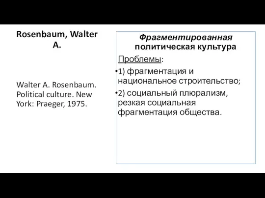 Rosenbaum, Walter A. Walter A. Rosenbaum. Political culture. New York: Praeger,