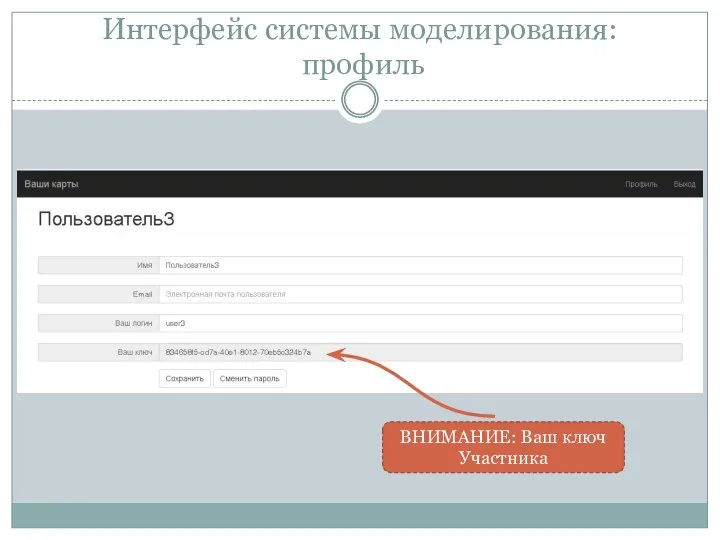 Интерфейс системы моделирования: профиль ВНИМАНИЕ: Ваш ключ Участника