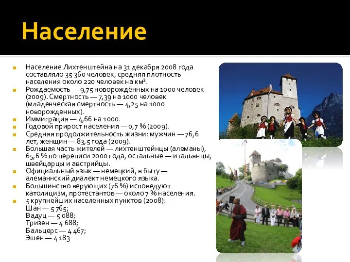 Население Население Лихтенштейна на 31 декабря 2008 года составляло 35 360