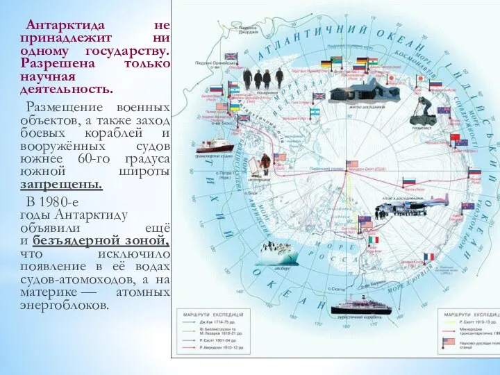 Антарктида не принадлежит ни одному государству. Разрешена только научная деятельность. Размещение