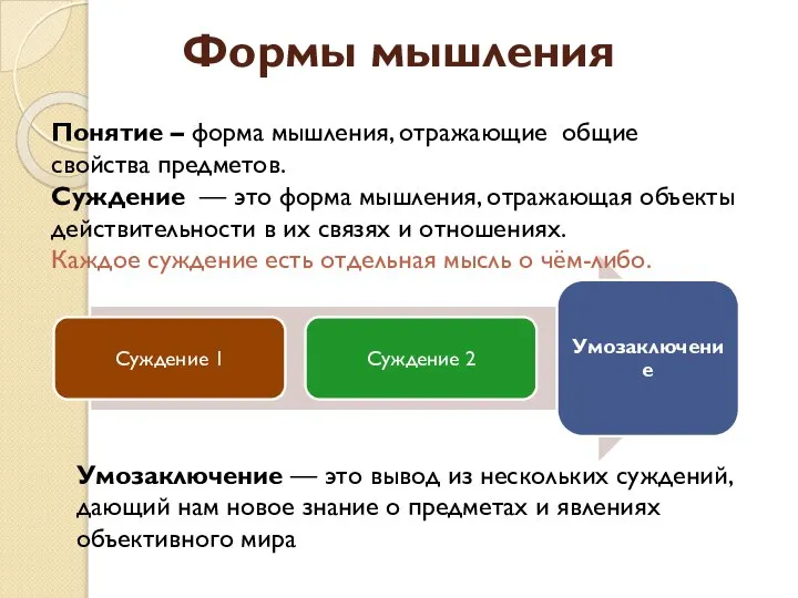 Формы мышления Понятие – форма мышления, отражающие общие свойства предметов. Суждение