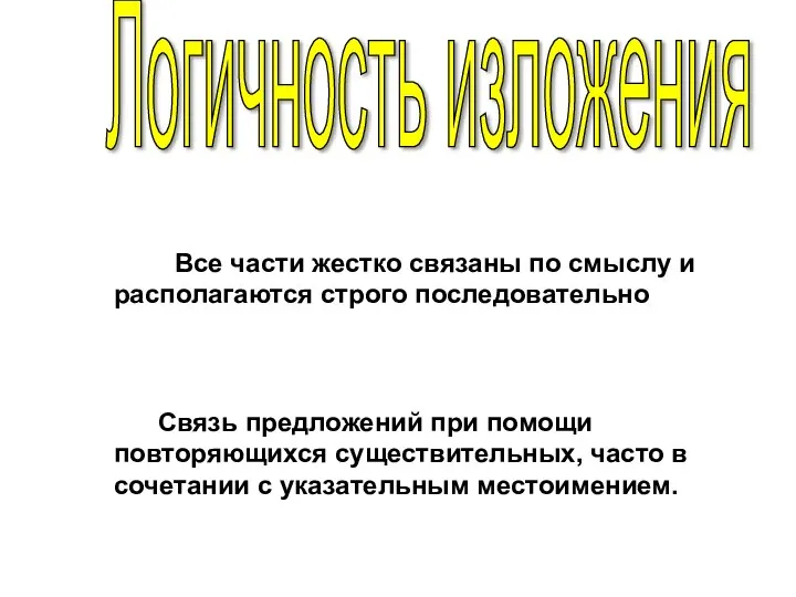 Логичность изложения Все части жестко связаны по смыслу и располагаются строго