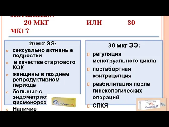 ДОЗА ЭТИНИЛЭСТРАДИОЛА ИМЕЕТ ЗНАЧЕНИЕ… 20 МКГ ИЛИ 30 МКГ? 20 мкг