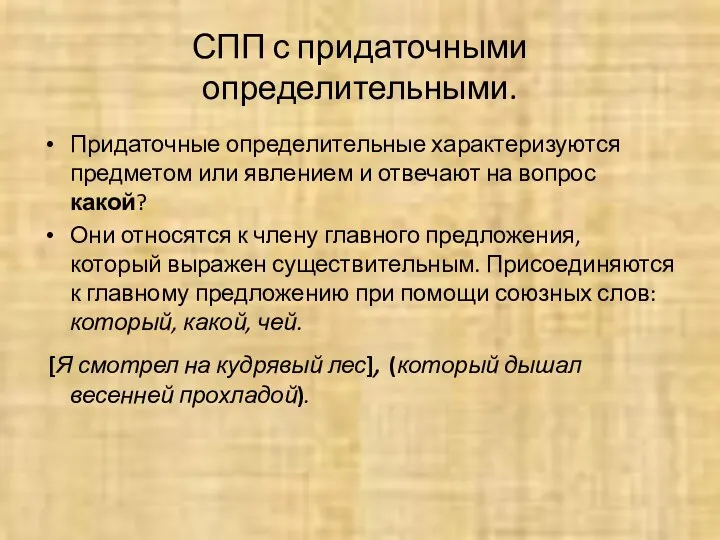 СПП с придаточными определительными. Придаточные определительные характеризуются предметом или явлением и