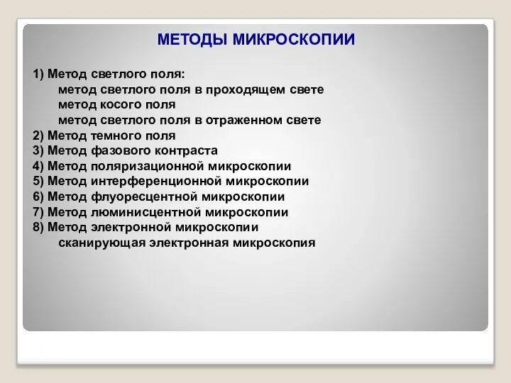 МЕТОДЫ МИКРОСКОПИИ 1) Метод светлого поля: метод светлого поля в проходящем