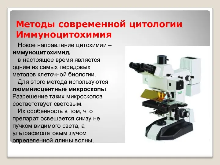 Методы современной цитологии Иммуноцитохимия Новое направление цитохимии – иммуноцитохимия, в настоящее