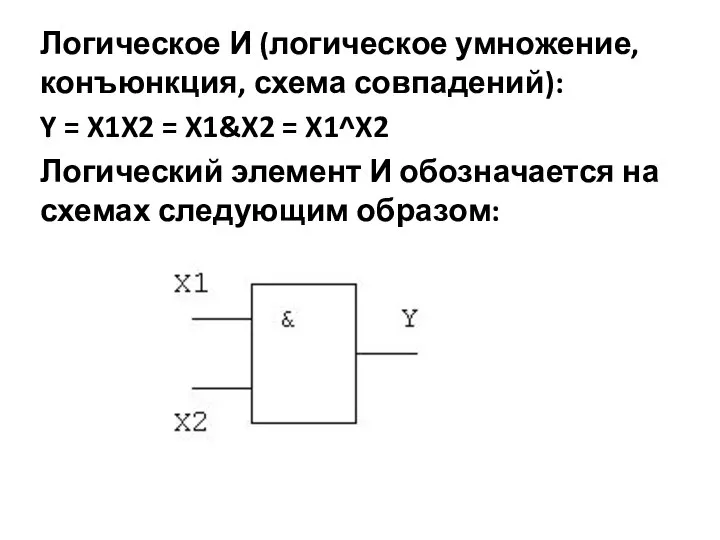 Логическое И (логическое умножение, конъюнкция, схема совпадений): Y = X1X2 =