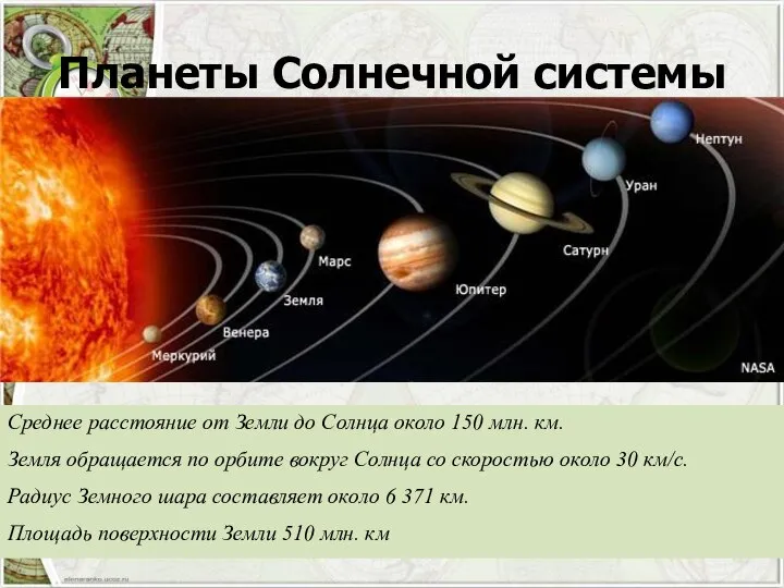 Планеты Солнечной системы Среднее расстояние от Земли до Солнца около 150