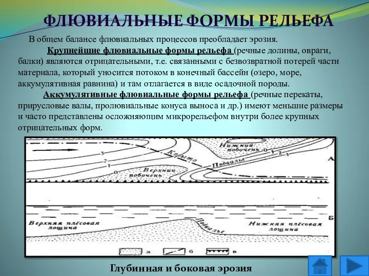 ФЛЮВИАЛЬНЫЕ ФОРМЫ РЕЛЬЕФА В общем балансе флювиальных процессов преобладает эрозия. Крупнейшие