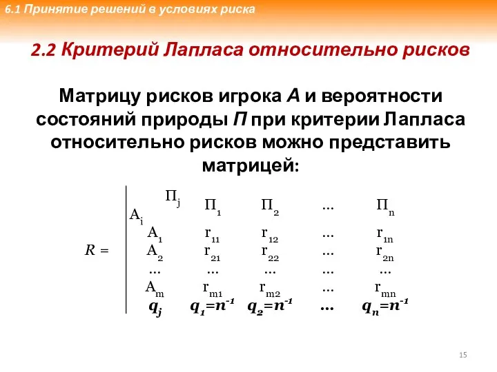 2.2 Критерий Лапласа относительно рисков Матрицу рисков игрока А и вероятности