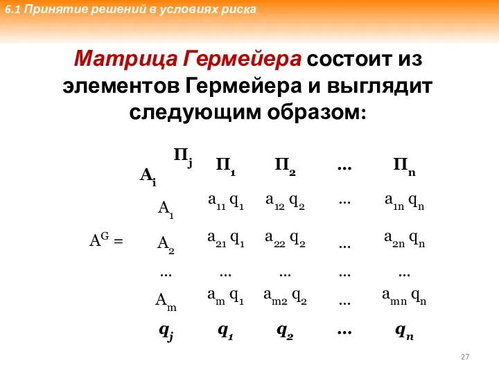 Матрица Гермейера состоит из элементов Гермейера и выглядит следующим образом: 6.1 Принятие решений в условиях риска