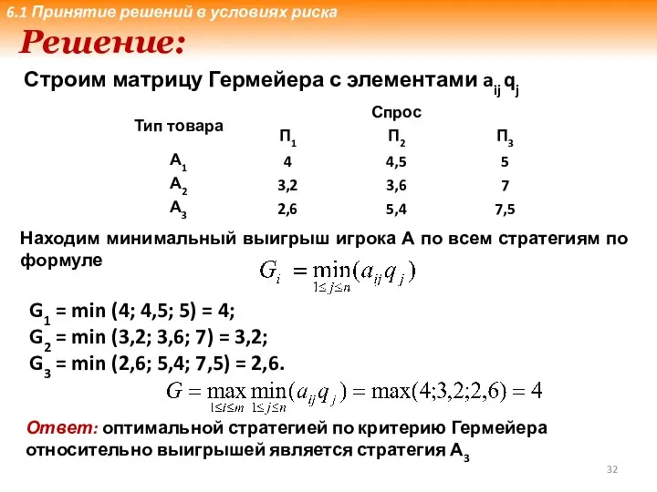 Решение: Строим матрицу Гермейера с элементами aij qj G1 = min
