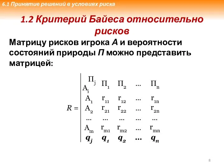 1.2 Критерий Байеса относительно рисков Матрицу рисков игрока А и вероятности