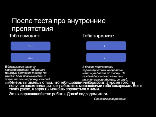 После теста про внутренние препятствия Тебе помогает: 1… 2… В блоках