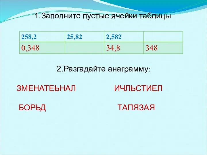 1.Заполните пустые ячейки таблицы 2.Разгадайте анаграмму: ЗМЕНАТЕЬНАЛ ИЧЛЬСТИЕЛ БОРЬД ТАПЯЗАЯ