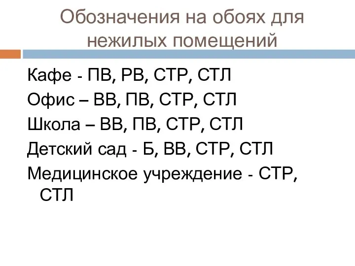 Обозначения на обоях для нежилых помещений Кафе - ПВ, РВ, СТР,