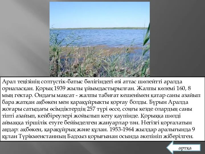 Арал теңізінің солтүстік-батыс бөлігіндегі өзі аттас шөлейтті аралда орналасқан. Қорық 1939