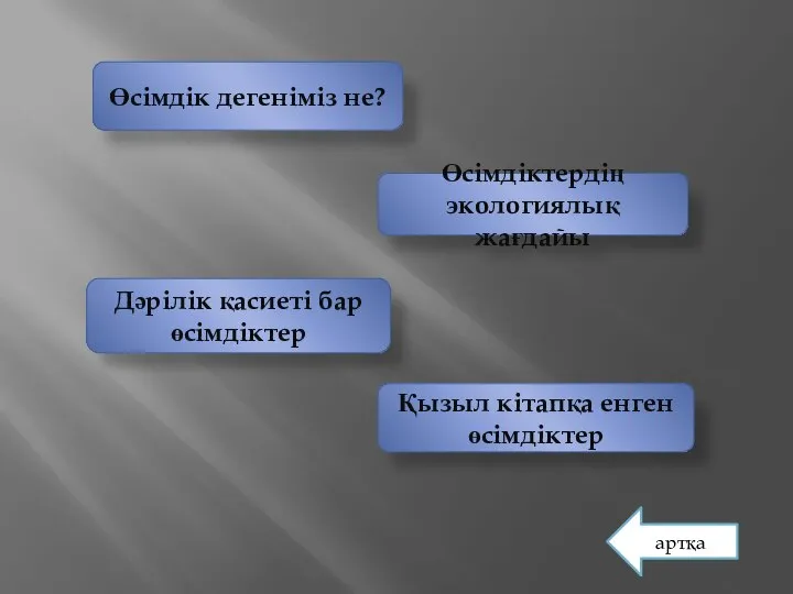 Қызыл кітапқа енген өсімдіктер Дәрілік қасиеті бар өсімдіктер Өсімдіктердің экологиялық жағдайы Өсімдік дегеніміз не? артқа