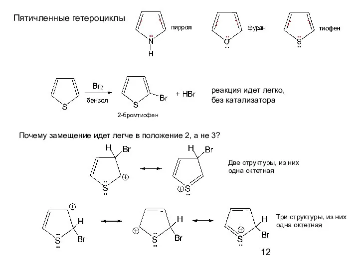 Пятичленные гетероциклы реакция идет легко, без катализатора Почему замещение идет легче
