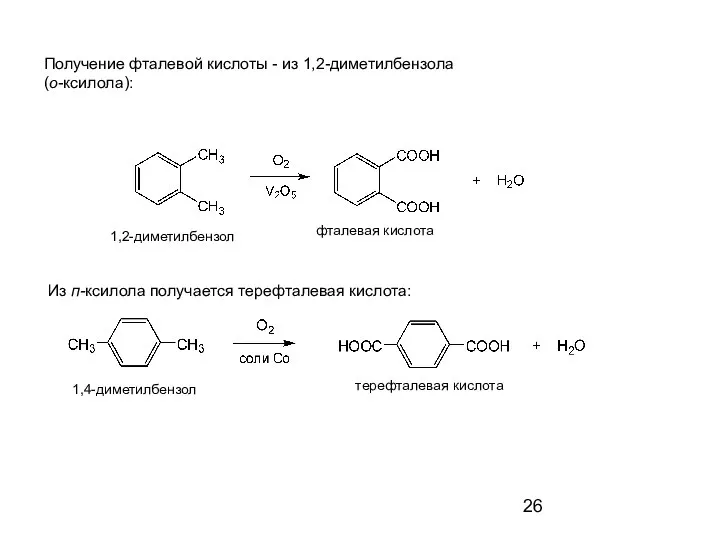 фталевая кислота терефталевая кислота 1,2-диметилбензол 1,4-диметилбензол Получение фталевой кислоты - из