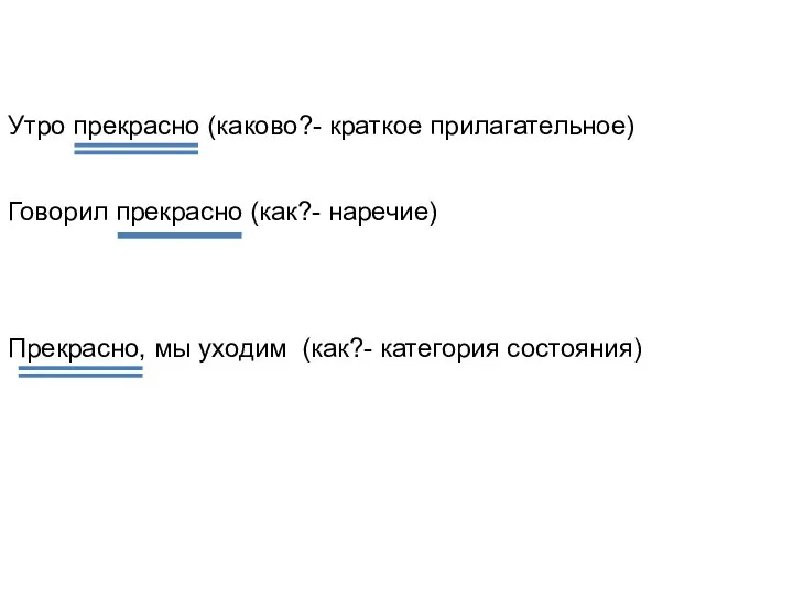 Утро прекрасно (каково?- краткое прилагательное) Прекрасно, мы уходим (как?- категория состояния) Говорил прекрасно (как?- наречие)